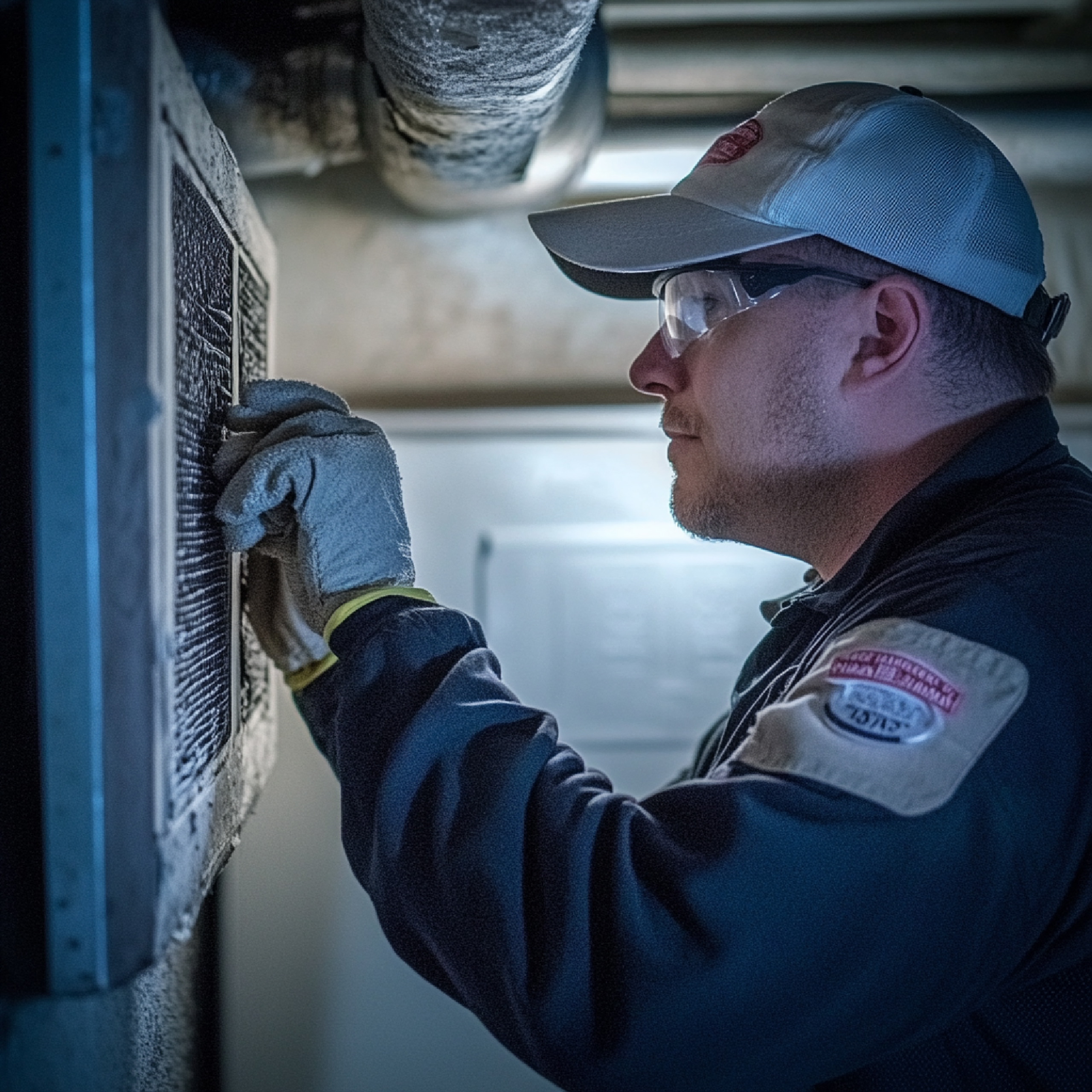 Qualified engineer carrying out ventilation system maintenance.
